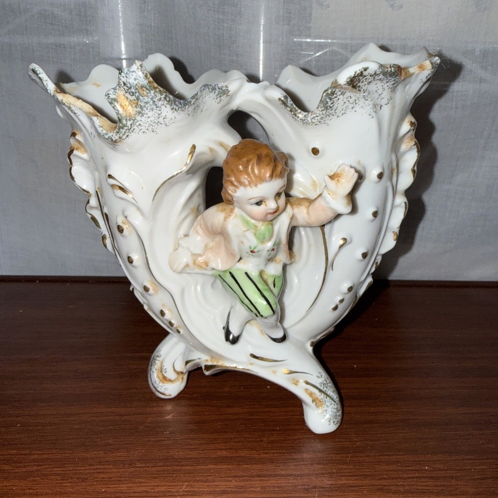 vintage ceramic double vase with boy figure 5.5" high